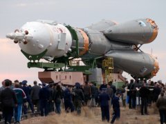 The Soyuz FG rocket, with its Soyuz TMA spacecraft payload, heads to the launchpad at Baikonur Cosmodrome. Photo courtesy of NASA.