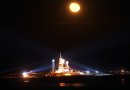 In this pre-launch view, Endeavour waits on the pad at KSC under the moonlight. NASA photo.