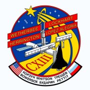 NASA image of STS-113 crew patch, representing the addition of the P1 Truss to Space Station Alpha's structure, as well as the ISS crew exchange.