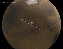 Mars Global Surveyor computer image generated from real-time telemetry. Image courtesy of NASA/JPL